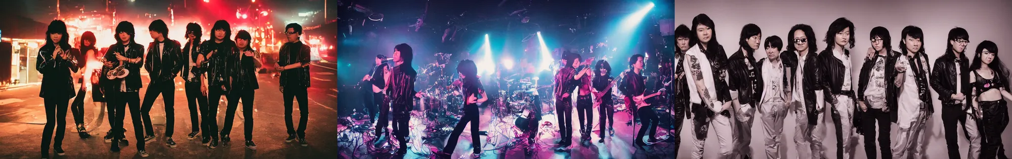 Prompt: The wide shot of disco punk rock Asian band with very long curly dark hair in the style of David Bowie, top soft box light, night city on the background, flying saucer in the sky, by Lubezki and David Lynch, anamorphic 35 mm lens, cinematic, rock movie, award winning photography, anamorphic lens flares 4k