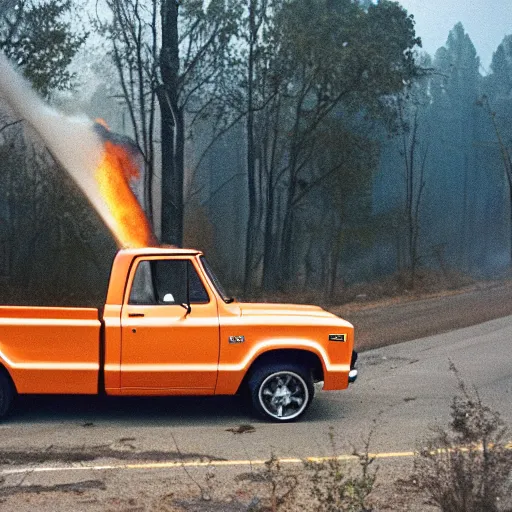 Image similar to 1972 orange and white Chevrolet C10 pickup fleeing a wildfire, Cinestill 800T