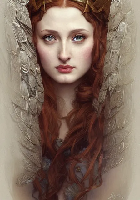 Image similar to sansa angeline jolie, intricate, elegant, highly detailed, digital painting, artstation, concept art, smooth, sharp focus, illustration, art by artgerm and greg rutkowski and alphonse mucha and william - adolphe bouguereau