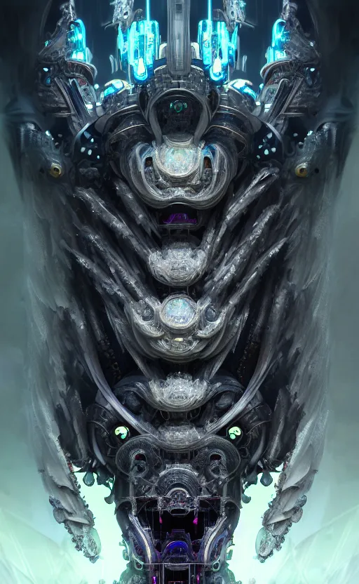 Prompt: oimmortal beast from chinese mythology, ghost, gorgeous and huge head ornaments, dystopian, cyberpunk, organic fractal mycelum and fungi, mecha, halfturn portrait of a big crystal face made of crystals half - turn, ominous, intricate, studio, art by anthony macbain + greg rutkowski + alphonse mucha, concept art, 4 k, sharp focus