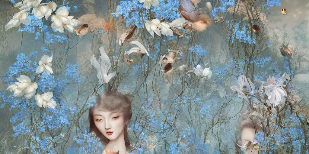 Prompt: breathtaking detailed concept art painting art deco pattern of blonde faces of feminine floral korean men amalmation light - blue flowers with anxious piercing eyes and blend of flowers and birds, by hsiao - ron cheng and john james audubon, bizarre compositions, exquisite detail, extremely moody lighting, 8 k