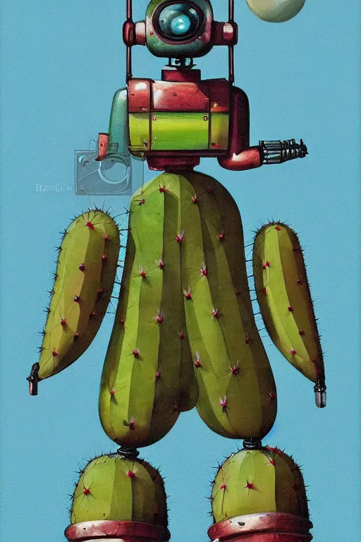Image similar to long shot of a 1950s retro Cactus robot, with space above the head. full body framed. Bionic cacti Arms and eyes. pop surrealism, muted colours. by Jean-Baptiste Monge, wide shot