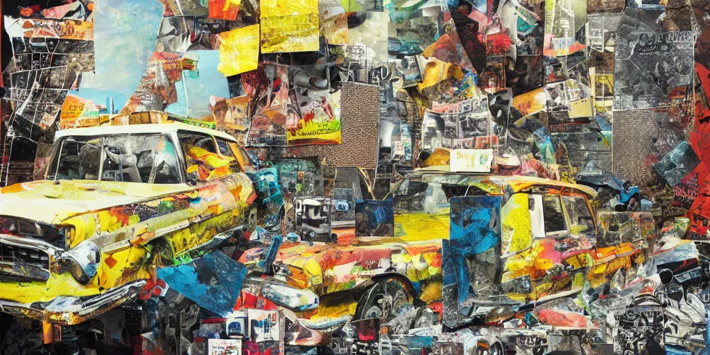 Prompt: car wash, collage paper and tape, acrylic on canvas and hyperrealism mixed with collage, high resolution, cinematic, unreal 6, breathtaking detailed, by peter bankov