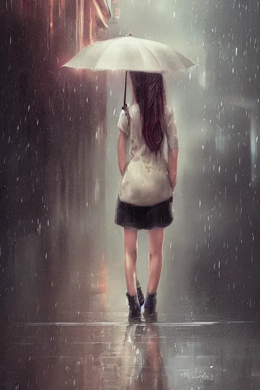 Prompt: cute girl in the rain under an umbrella, by wlop, concept art, poster