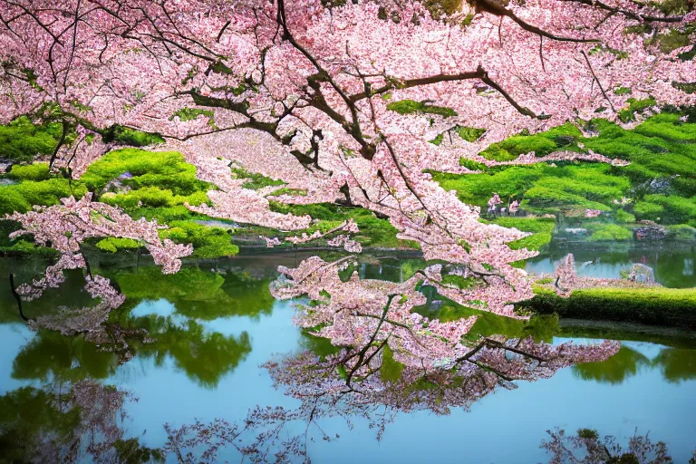 Prompt: masterpiece photography of a japanese garden landscape, with a pond and sakura trees, sakura flowers in the wind, scattered clouds on the horizon, during spring, atmospheric effects, light fog, dawn rays of light, bokeh, by Lee Madgwick or Caspar David Friedrich or Édouard Manet, Trending on artstation, spring, dawn color scheme, soft colors
