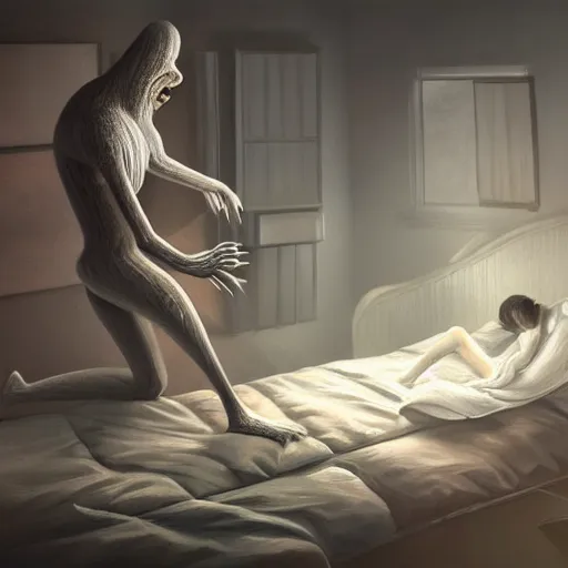 Image similar to A gangly humanoid monster running towards a person sleeping in a bed, trending on Artstation, Digital Painting, Insanely Detailed, Award Winning