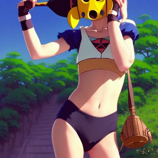 Image similar to beautiful boyish natalie portman gravure model in majora's mask, wearing wooden mask and baseball cap and leotard, street wear with subtle mayan patterns, aztec bathing suit, gapmoe yandere grimdark, trending on pixiv fanbox, painted by greg rutkowski makoto shinkai takashi takeuchi studio ghibli, akihiko yoshida