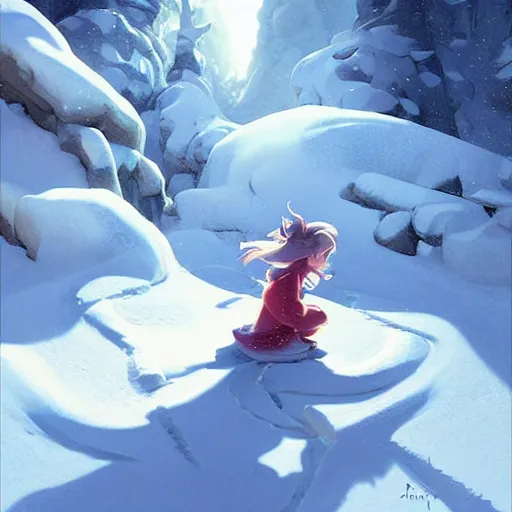 Image similar to snow avalanche, dramatic, cool shadows, warm light, cute, by disney, animation art - perfect global illumination, illustration, romantic painting, centered composition, by jesper ejsing, by rhads, makoto shinkai and lois van baarle