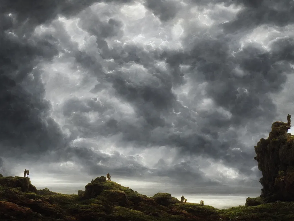 Image similar to detailed landscape, high cliff, very detailed dark super storm, hyper realistic clouds, impressive, magical, very atmospheric, smoke boiling, cinematic, deep, very high complexity, stunning, masterpiece, chiaroscuro, in the style of caspar david friedrich, very detailed. 4 k