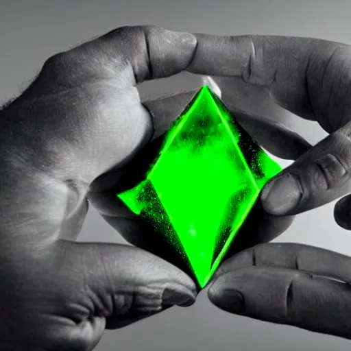 Prompt: a glowing green crystalline shard of kryptonite held in an open black - gloved hand, black background