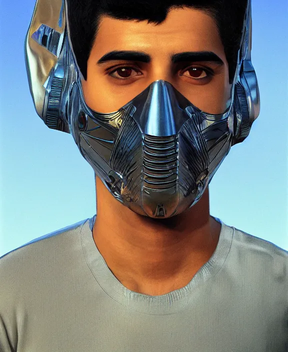 Image similar to a portrait of a young arab man with a cybernetic mask over half of his face by Moebius, 4k resolution, photorealistic