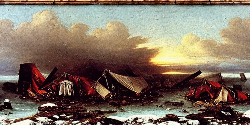 Image similar to remains of an abandoned camp of franklin ’ s lost expedition on an desolate arctic island, romanticist oil painting