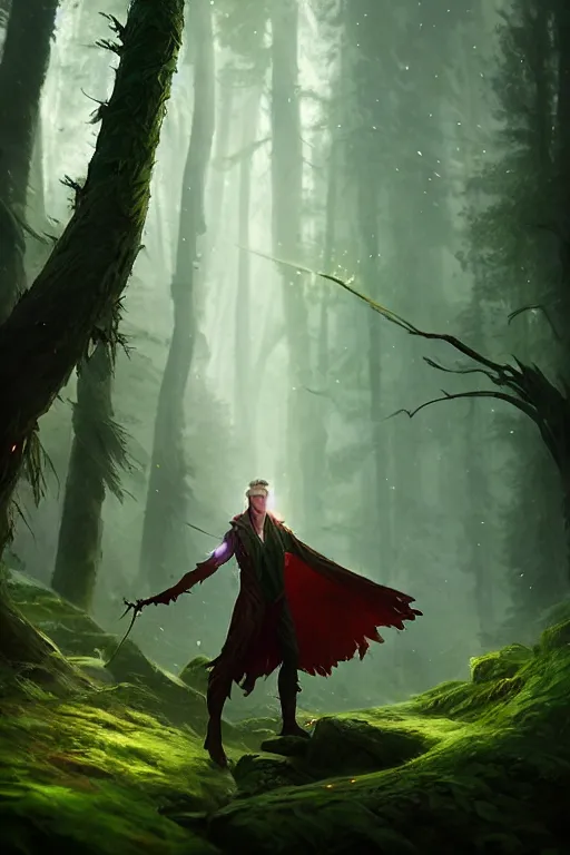 Prompt: nature sorcerer, forest background, colorful magic, male, epic, white skin, young, sharp, concept art, digital art, dynamic lighting, unreal engine, octane, in the styles of greg rutkowski and svetlin velinov