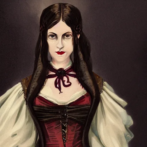 Image similar to head and shoulder professional portrait of a victorian female vampire, painted in the style of bloodborne, interesting color use, vampire fashion, highly detailed, melancholy, vampire teeth