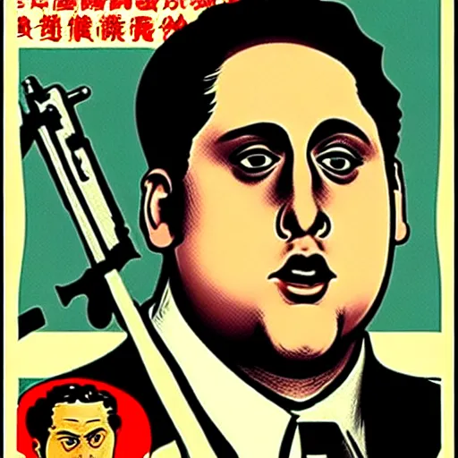 Image similar to how will we capture famous actor jonah hill? he is is causing trouble in this region. How do we stop him? NO JONAH HILLS ALLOWED. JONAH HILL is the subject of this ukiyo-e hellfire eternal damnation catholic strict propaganda poster rules religious. WE RULE WITH AN IRON FIST. mussolini. Dictatorship. Fear. 1940s propaganda poster. 1950s propaganda poster. 1960s propaganda poster. WAR WAR WAR, ANTI JONAH HILL. 🚫 🚫 JONAH HILL. POPE. art by joe mugnaini. art by dmitry moor. Art by Alfred Leete.