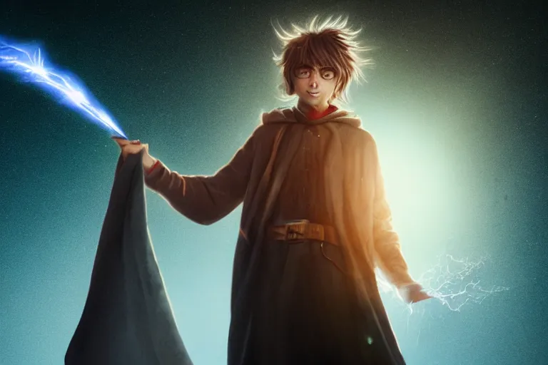 Image similar to a young adult wizard with very detailed face, hair clothes and shoes points their wand fiercely from which a blast of bright magic flies from the end of the wand, on an empty moonlit hill, dramatic lighting, lens flare, cinematic photography