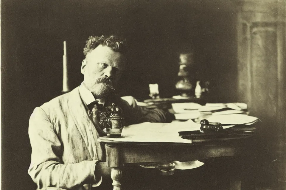 Prompt: wet plate photograph, august strindberg sitting alone writing alone at a secretary desk in a small messy viennese apartment, night time, alone, oil lamp light, victorian era, depth of field, very detailed, highly accurate, intricate