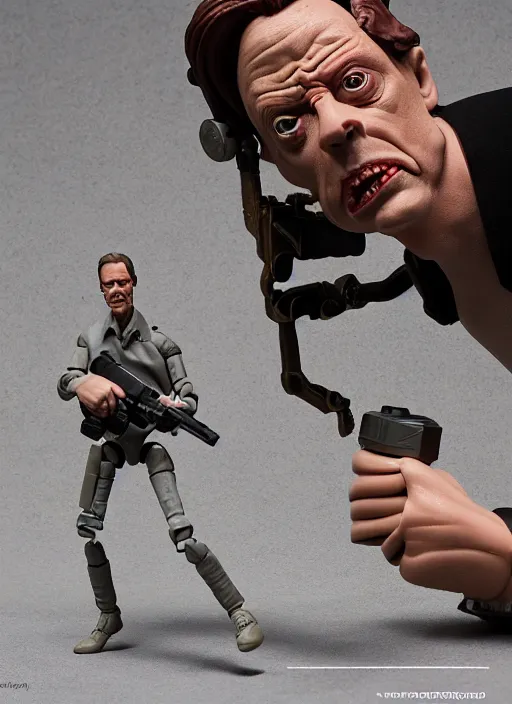 Image similar to product photography of a claymation action figure steve buscemi as terminator, depth of field, zeiss lens, detailed, centered, by erwin olaf, joop geesink, wes anderson, breathtaking, 8 k resolution, extremely detailed, beautiful, establishing shot, realistic materials, hyperrealistic