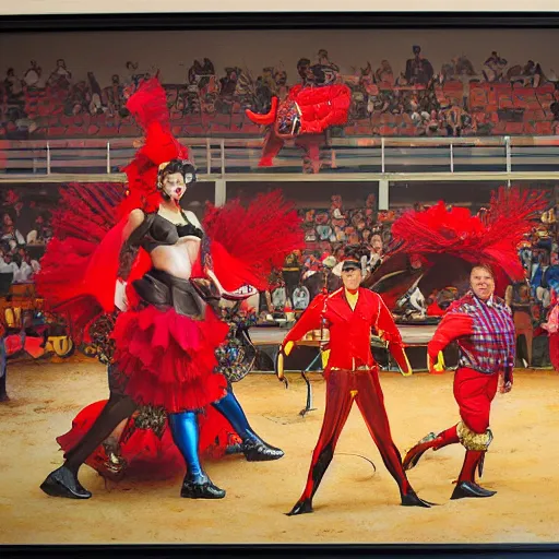 Image similar to electric red by frieke janssens, by glen fabry. a mixed mediart of a bullfight in spain. the mixed mediart is set in an arena with spectators in the stands. several figures in the mixed mediart, including a matador & a bull.