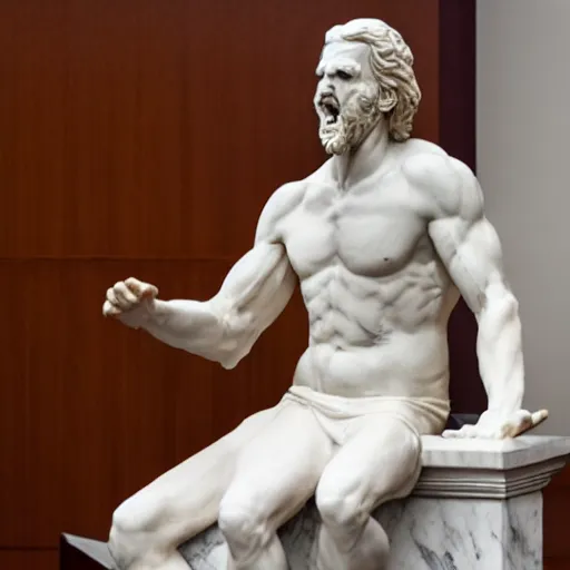 Image similar to Courtroom photograph of a marble statue angry with his attorney