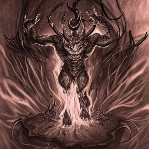 Image similar to full body grayscale drawing by Anato Finnstark of muscled horned humanoid beast, swirling flames