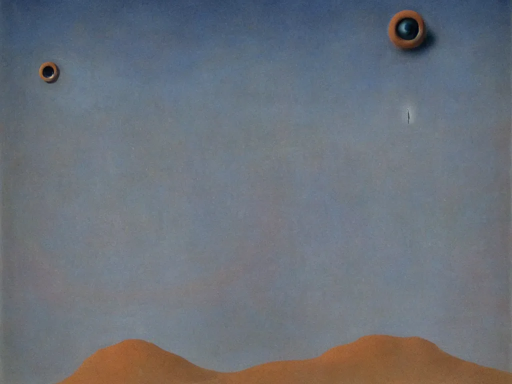 Image similar to Glowing blue eyes floating over the salt desert. Extinct fauna. Rust, spiral, melancholy, star. Painting by Rene Magritte, Agnes Pelton, Max Ernst, Yves Tanguy, Beksinski