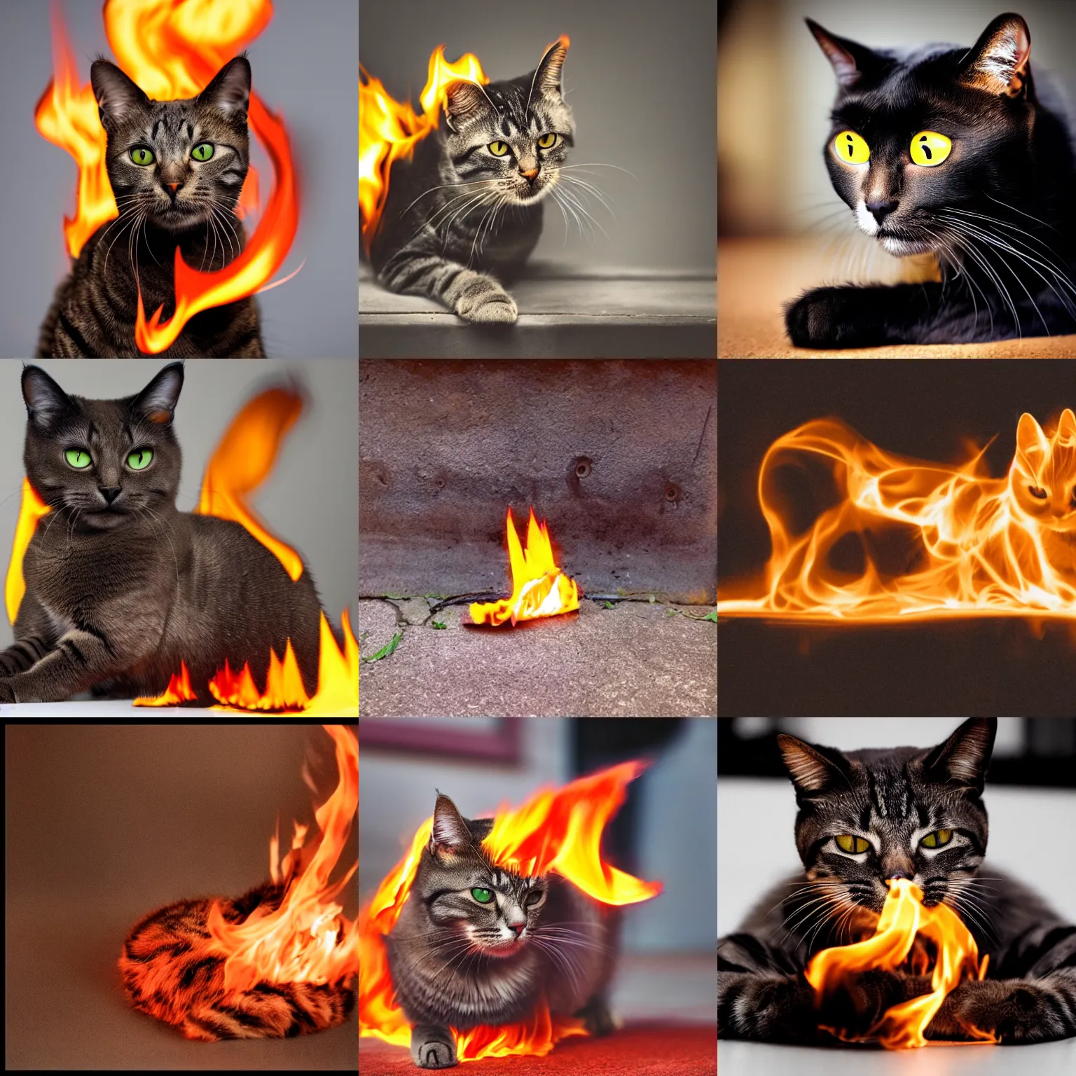 Prompt: a photo of a cat made of fire