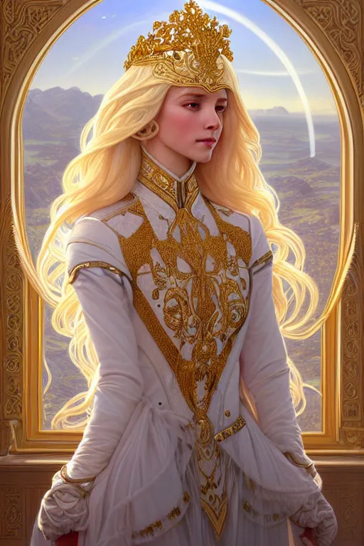 Image similar to portrait of a humanoid princess with long blonde hair, standing next to a beautiful view, ornate white officers outfit with gold embellishments, intricate, elegant, highly detailed, digital painting, artstation, concept art, smooth, sharp focus, illustration, art by artgerm and greg rutkowski and alphonse mucha, 8 k