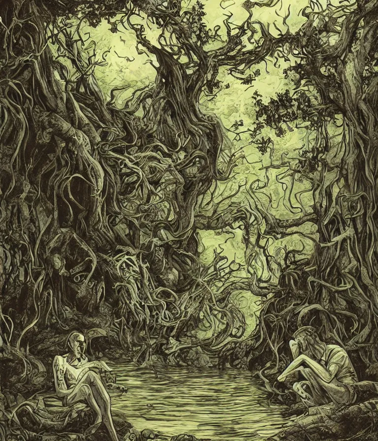 Image similar to illustration in the style of daniel danger of cthulhu sitting by a pond in the forest