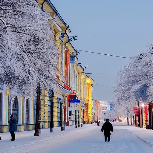 Prompt: street in Russian city Kazan in winter