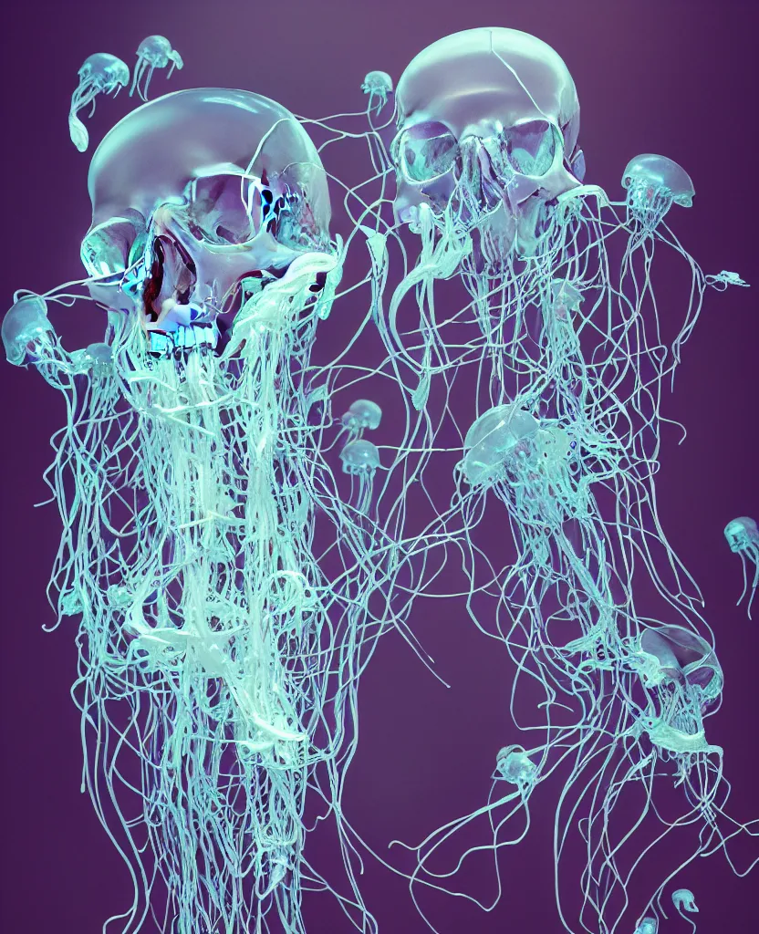 Image similar to composition of human skulls, animals skulls, bones, rib-cage. jellyfish orchids and betta fish, bioluminiscent, intricate artwork by Tooth Wu and wlop and beeple. octane render, trending on artstation, greg rutkowski very coherent symmetrical artwork. cinematic, hyper realism, high detail, octane render, 8k