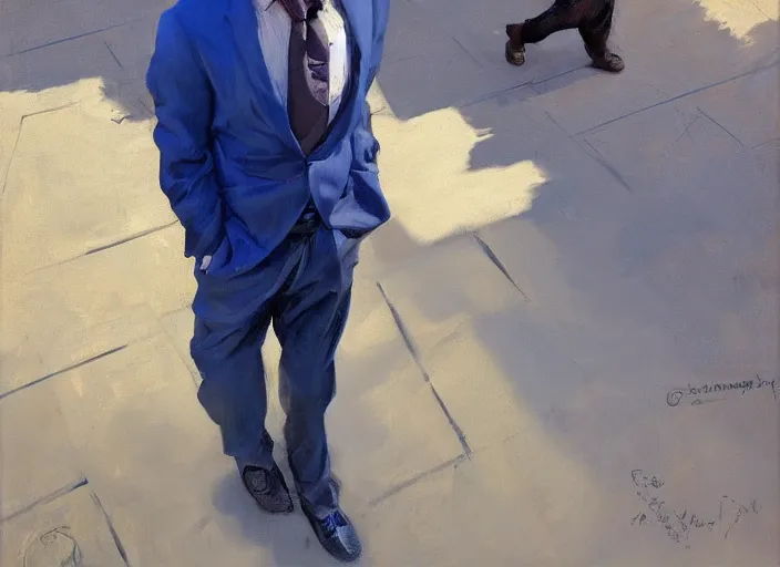 Image similar to greg manchess portrait of a defeated blond man in a blue suit on the ground in an arena, profile picture, organic painting, sunny day, matte painting, bold shapes, hard edges, street art, trending on artstation, by huang guangjian, gil elvgren, ruan jia, randy vargas, greg rutkowski