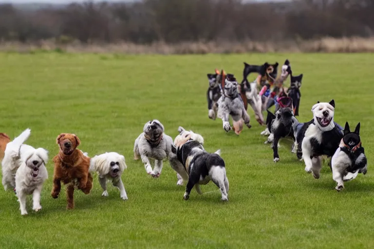 Image similar to a field full of dogs that are running in one direction