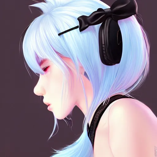 Image similar to realistic teasing detailed semirealism beautiful gorgeous cute Blackpink Lalisa Manoban white hair white cat ears blue eyes, wearing black camisole outfit, headphones, black leather choker full HD 4K high resolution quality WLOP, Aztodio, Taejune Kim, Guweiz, Pixiv, Instagram, Artstation