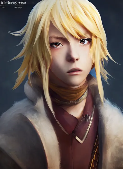 Image similar to An epic fantasy anime style portrait painting of a young blonde thief, unreal 5, DAZ, hyperrealistic, octane render, cosplay, RPG portrait, dynamic lighting