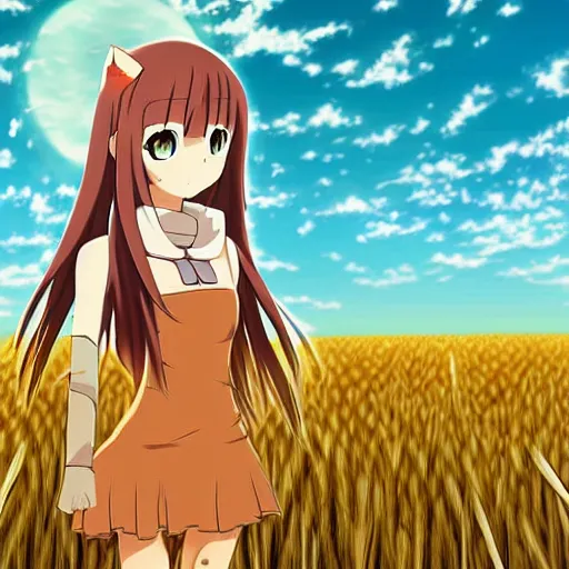 Prompt: anime illustration of Holo from Spice and Wolf standing in a wheat field at sunset, Holo if a wolf girl