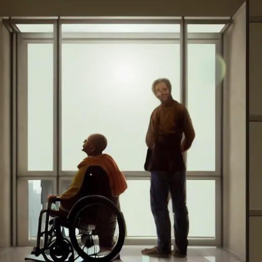 Image similar to a male patient in a wheelchair in the hospital with his wife and son standing by. happy, cheerful, smiling, intricate, face enhance, cinematic lighting, featured in artistation, 8 k, art by greg rutkowski, william adolphe bouguereau