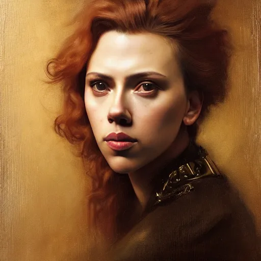 Image similar to highly detailed oil painting | very intricate | cinematic lighting | award - winning | portrait of scarlett johansson | by roberto ferri, by tom bagshaw, by j. c. leyendecker and klimt, american romanticism, by austin osman spare, artstation, cgsociety, official art, octane