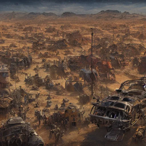 Prompt: highly detailed painting view from bird's eye postapo steampunk humankind last shelter/vibrant/crowded small village in the middle of wasteland in Mad Max style by Daniel Dociu and Greg Rutkowski trending on Artstation, postapo desert, 4K, high quality