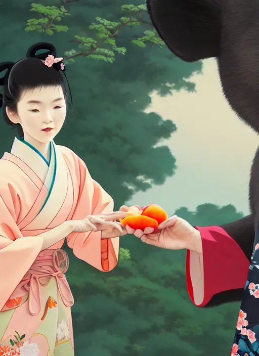 Prompt: painting of a girl wearing a kimono giving a peach to an giant anthropomorphic asian black bear, featured in artstation, octane render, cinematic, elegant, intricate, 8 k, close up, in the style of studio ghibli and heikala and alphonse mucha,