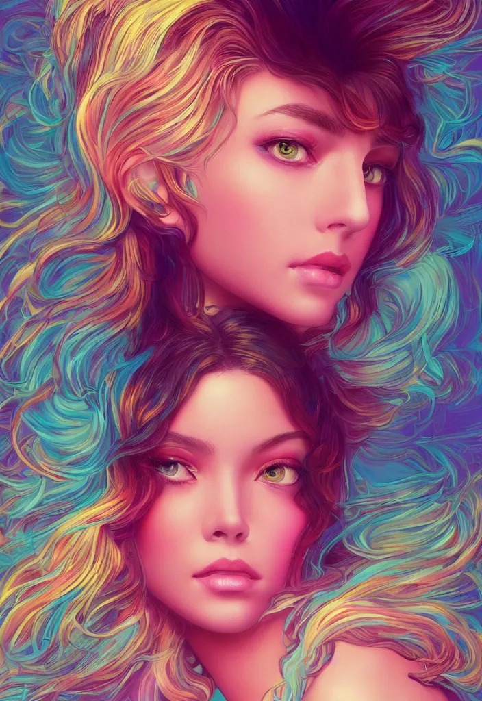 Prompt: beautiful, young woman, detailed gorgeous face, vaporwave aesthetic, synthwave, colorful, psychedelic, artstation, concept art, smooth, extremely sharp detail, finely tuned detail, ultra high definition, 8 k, unreal engine 5, ultra sharp focus, illustration, art by artgerm mary dimova, jim lee, greg rutkowski and alphonse mucha
