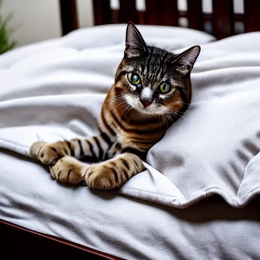 Image similar to a stunning professional photo of a bed where the pillow is a cat, the blanket is a cat, the bed itself is a cat, ultra detail, beautiful, national geographic quality