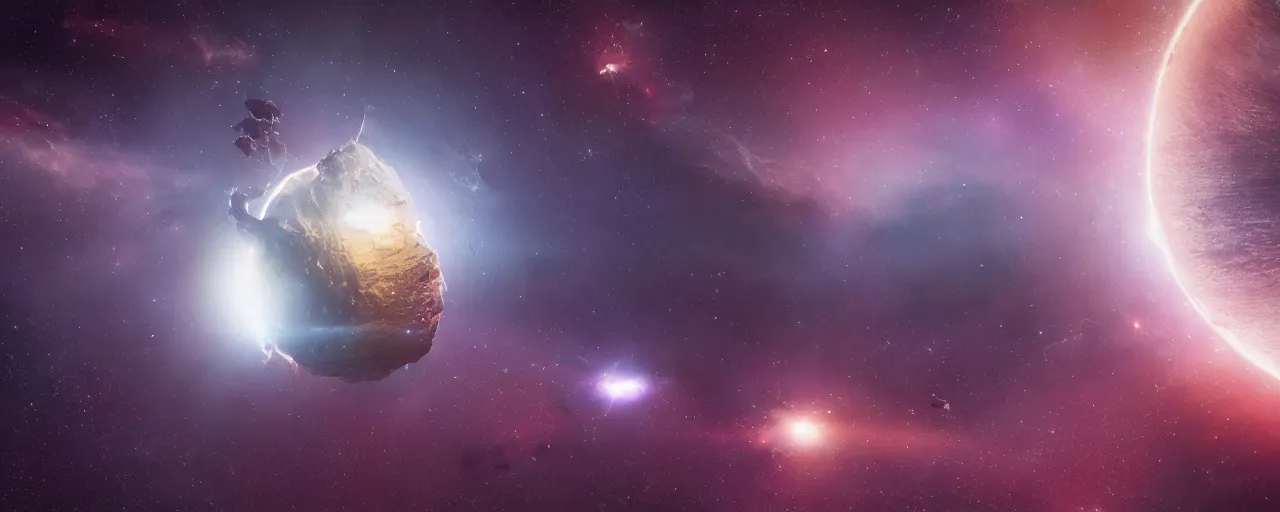 Image similar to movie still, thin horizontal nebula, a dark epic galaxy, space scene, dark scifi, unreal engine, octane render, detailed and intricate, global illumination, volumetric lighting, hubble telescope images, james webb telescope images, houdini fluid simulation, detailed and intricate environment