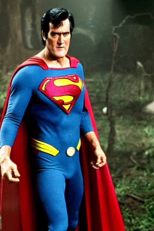 Image similar to bruce campbell playing superman in the evil dead