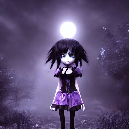 Image similar to full shot of angry darkness cute anime girl at moonlight, gothic wearing, inspired by Tim Burton, Norihiro Yagi, Amano&, detailed, unreal engine 4k volumetric light, fog,