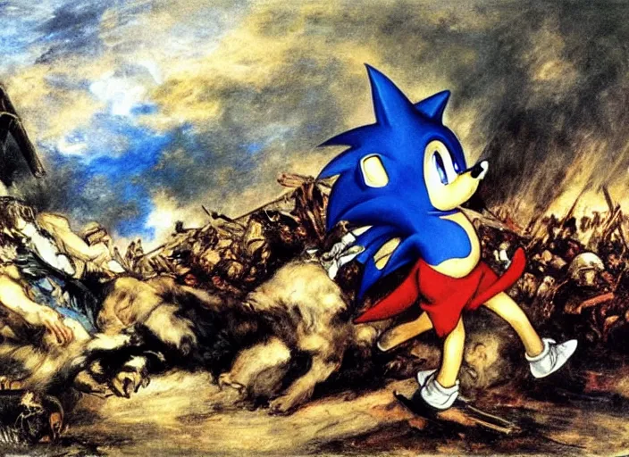 Image similar to romanticism painting of sonic the hedgehog during the french revolution, by eugene delacroix