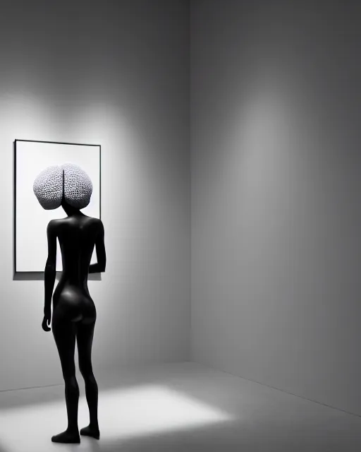 Prompt: a bw photo of a big minimalist art gallery with a monumental wax sculpture of a delicate young female cyborg - orchid with a luminous brain, many people around the sculpture, rim light, cinematic, studio dramatic light, poetic, octane render, 8 k, photo - realistic