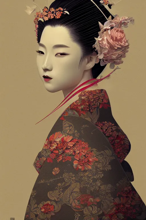 Image similar to A masterpiece portrait of a Incredibly geisha, medium shot, intricate, elegant, highly detailed, trending on artstation, digital art by Ash Thorp