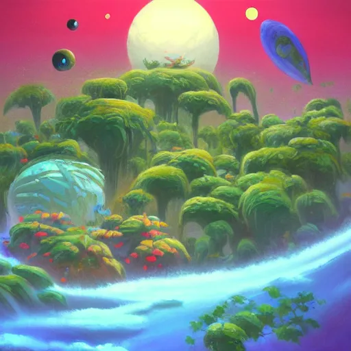Prompt: a beautiful alien planet with plants and animals. Oil painting in the style of Miyazaki.