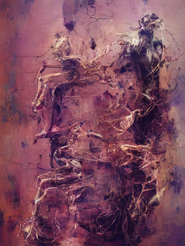 Image similar to a beautiful glitched painting by robert proch of an anatomy study of the human nervous system, color bleeding, pixel sorting, copper oxide and rust materials, brushstrokes by jeremy mann, cold top lighting, pastel purple background